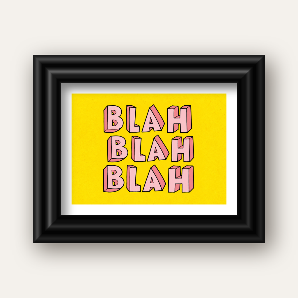 BLAH BLAH BLAH Renkli Tipografi Poster – Sarı ve Pembe — siyah galeri çerçeveli paspartulu