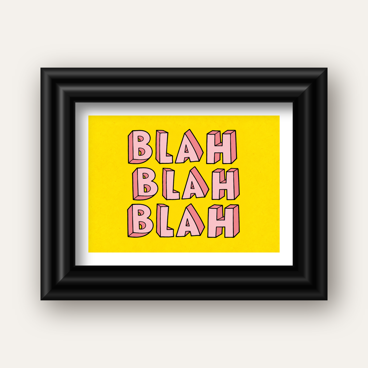 BLAH BLAH BLAH Renkli Tipografi Poster – Sarı ve Pembe — siyah galeri çerçeveli paspartulu
