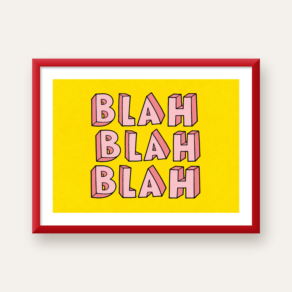 BLAH BLAH BLAH Renkli Tipografi Poster – Sarı ve Pembe — kırmızı çerçeveli paspartulu