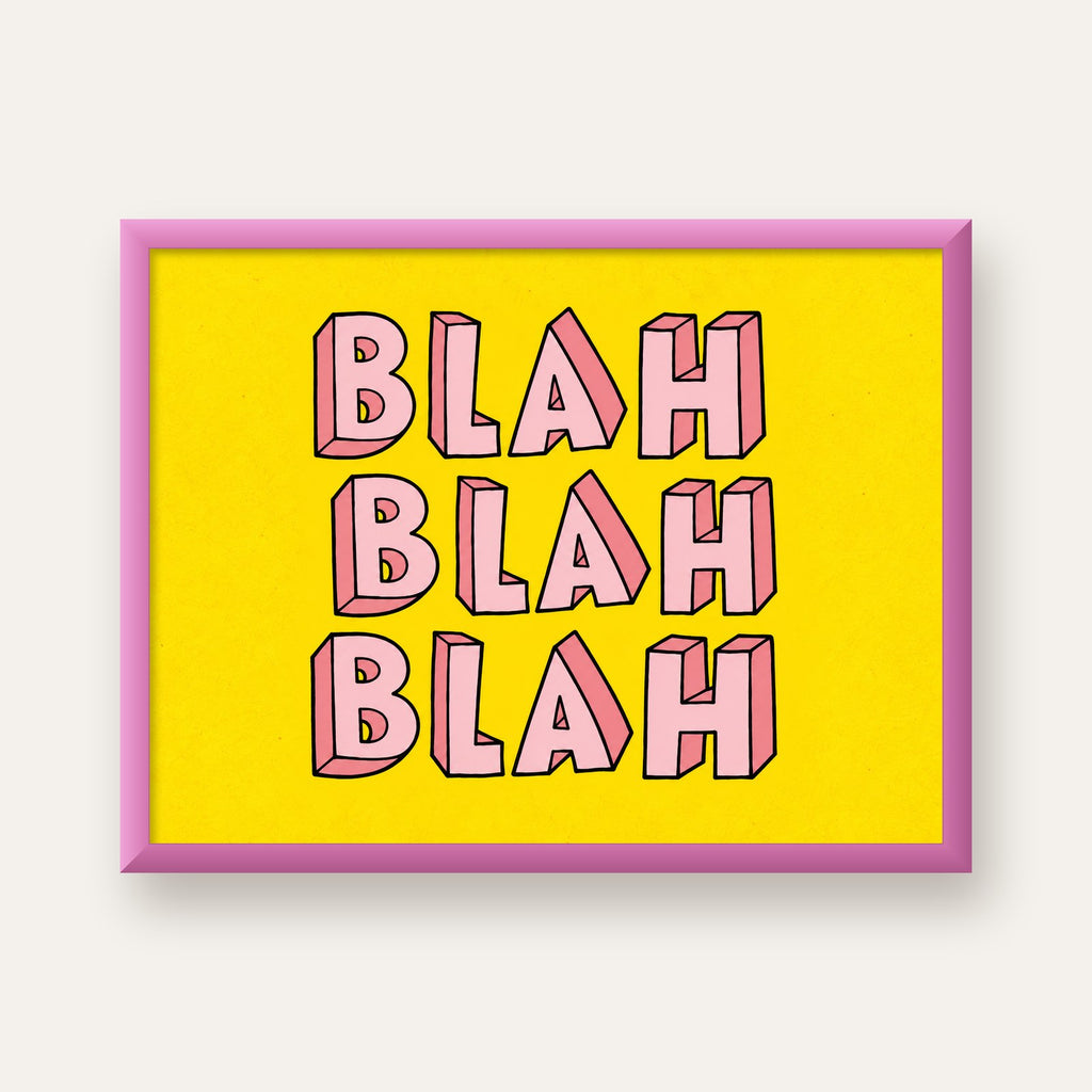 BLAH BLAH BLAH Renkli Tipografi Poster – Sarı ve Pembe — pembe çerçeveli
