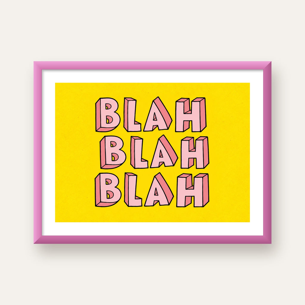 BLAH BLAH BLAH Renkli Tipografi Poster – Sarı ve Pembe — pembe çerçeveli paspartulu