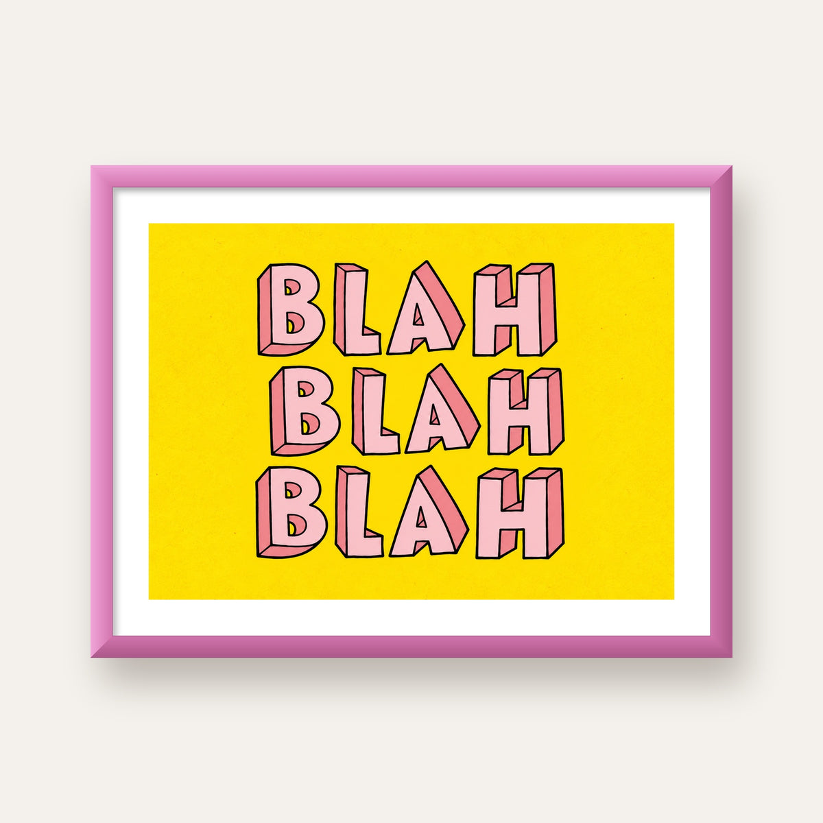 BLAH BLAH BLAH Renkli Tipografi Poster – Sarı ve Pembe — pembe çerçeveli paspartulu