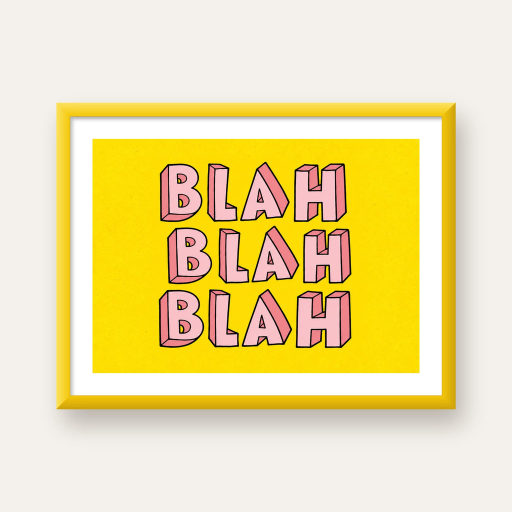 BLAH BLAH BLAH Renkli Tipografi Poster – Sarı ve Pembe — sarı çerçeveli paspartulu