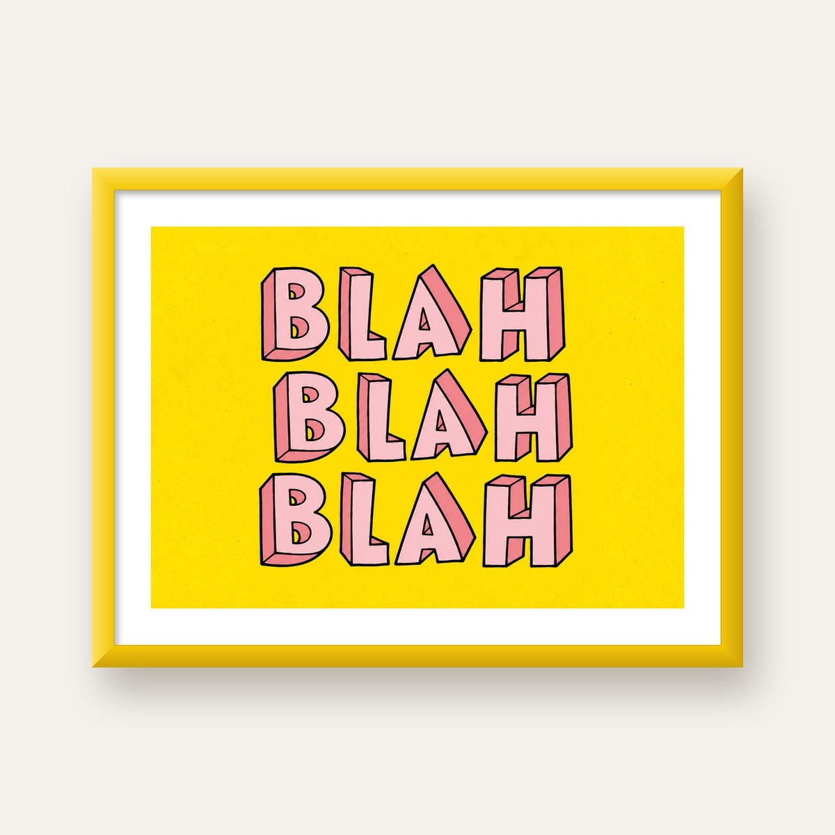 BLAH BLAH BLAH Renkli Tipografi Poster – Sarı ve Pembe — sarı çerçeveli paspartulu
