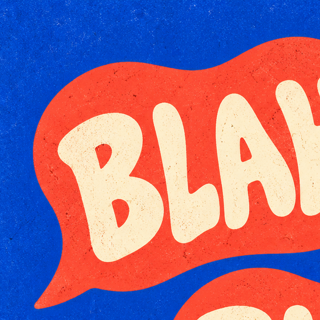 Renkli Konuşma Balonlu Eğlenceli Poster – BLAH Yazılı Dekor — baskının yakın çekimi, kâğıt dokusu ve renk detayı