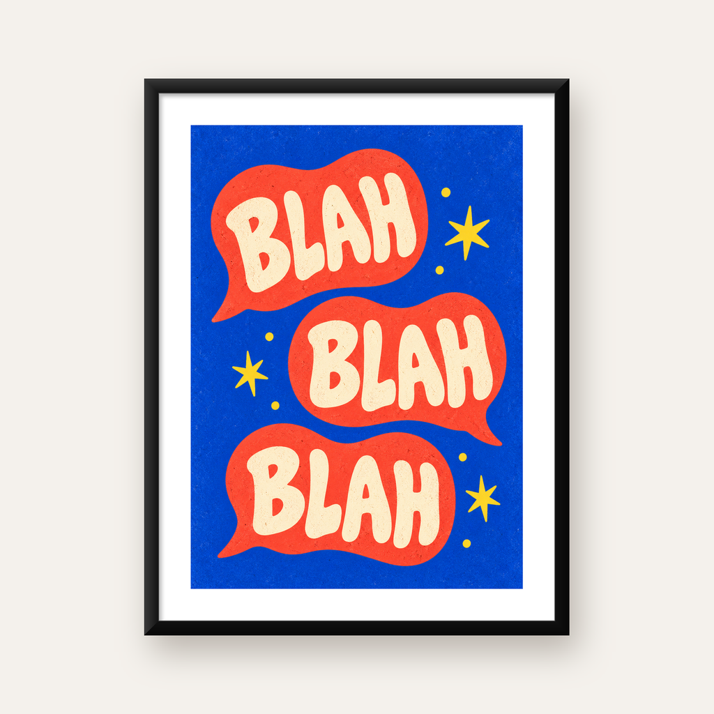 Renkli Konuşma Balonlu Eğlenceli Poster – BLAH Yazılı Dekor — Dikey baskı, beyaz paspartulu