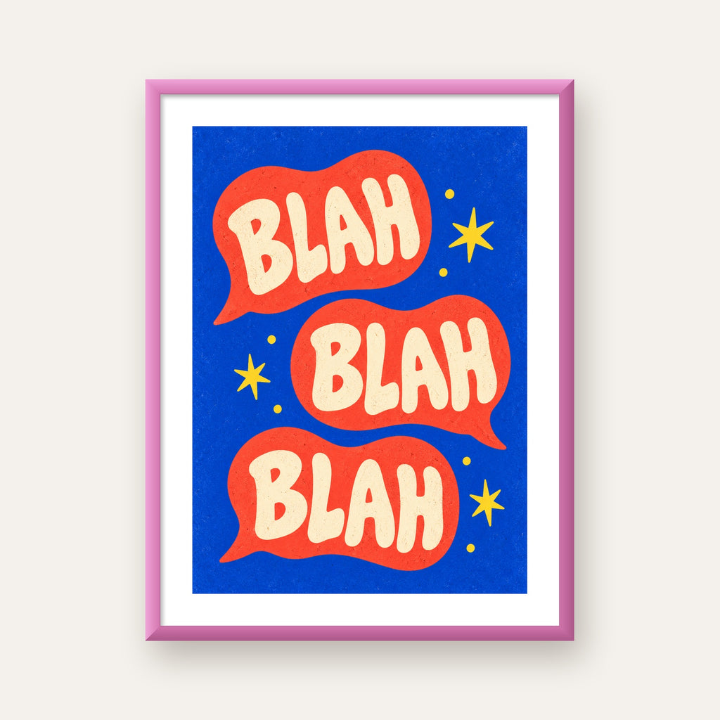 Renkli Konuşma Balonlu Eğlenceli Poster – BLAH Yazılı Dekor — pembe çerçeveli paspartulu