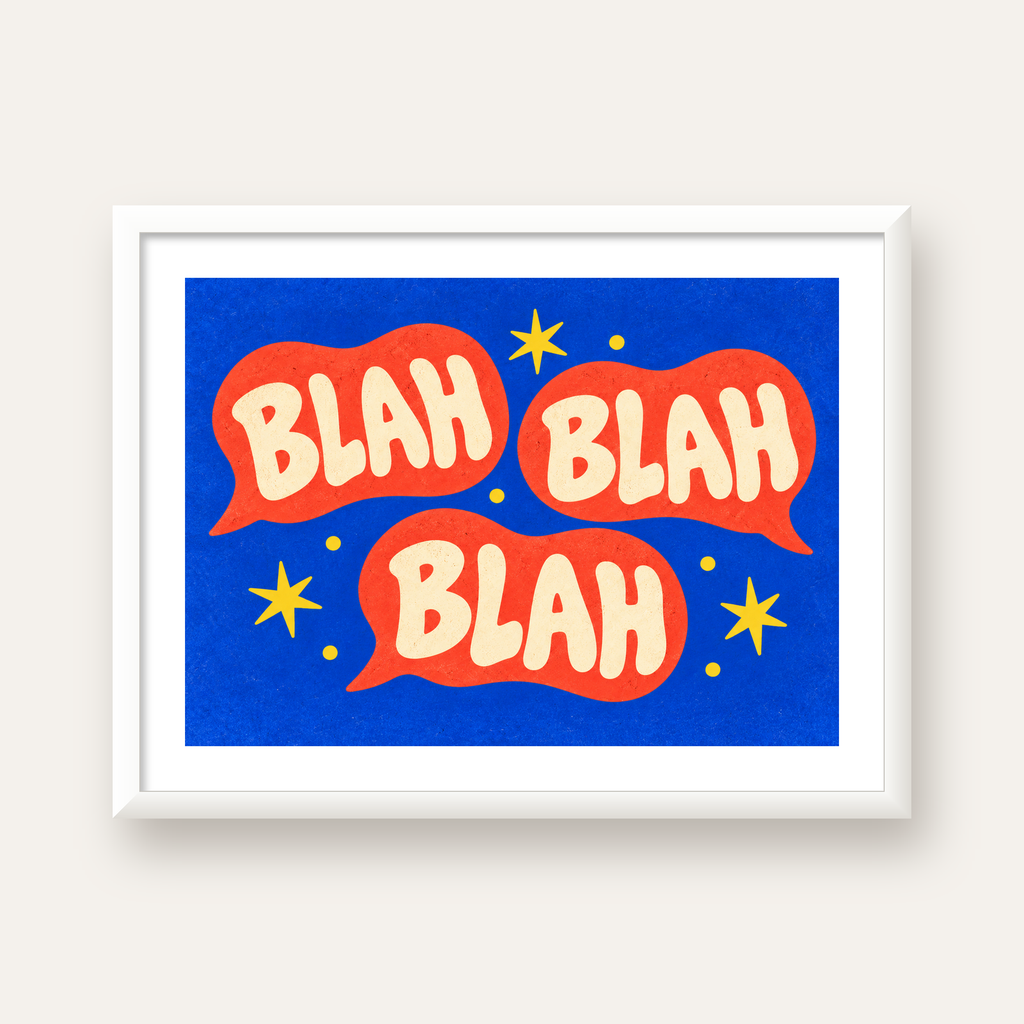 Renkli Konuşma Balonlu Eğlenceli Poster – BLAH Yazılı Dekor — beyaz çerçeveli yatay poster