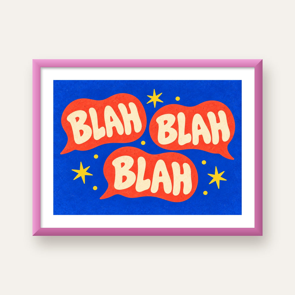 Renkli Konuşma Balonlu Eğlenceli Poster – BLAH Yazılı Dekor — pembe çerçeveli paspartulu