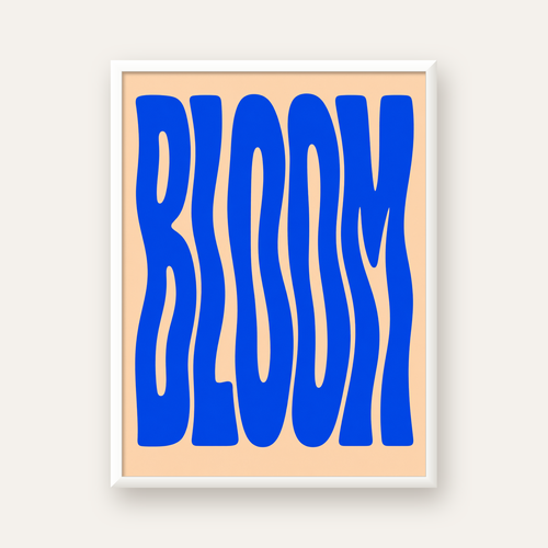 Dalgalı BLOOM Tipografi Poster – Modern Duvar Sanatı — beyaz çerçeveli dikey poster