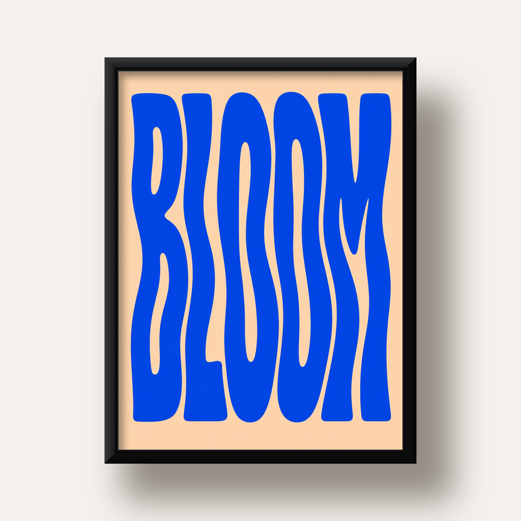 Dalgalı BLOOM Tipografi Poster – Modern Duvar Sanatı — siyah derin çerçeveli