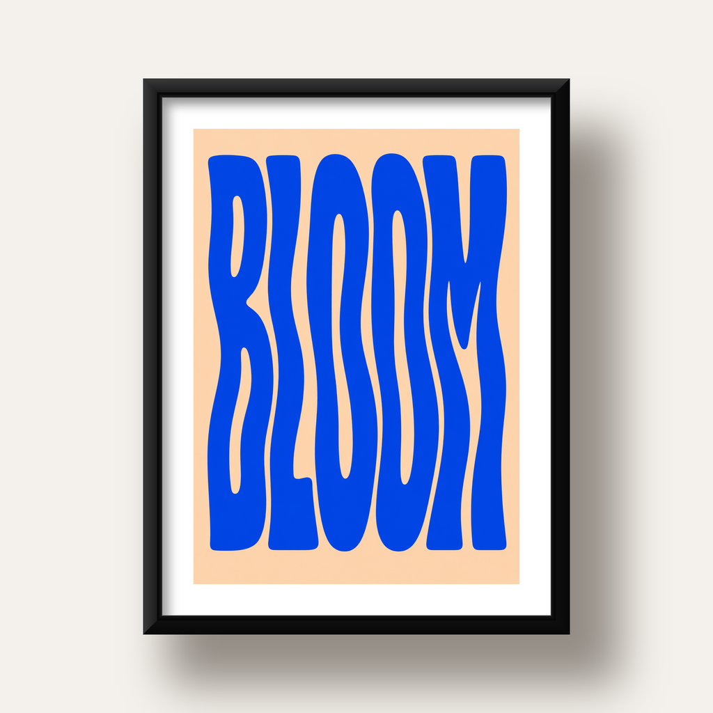 Dalgalı BLOOM Tipografi Poster – Modern Duvar Sanatı — siyah derin çerçeveli paspartulu