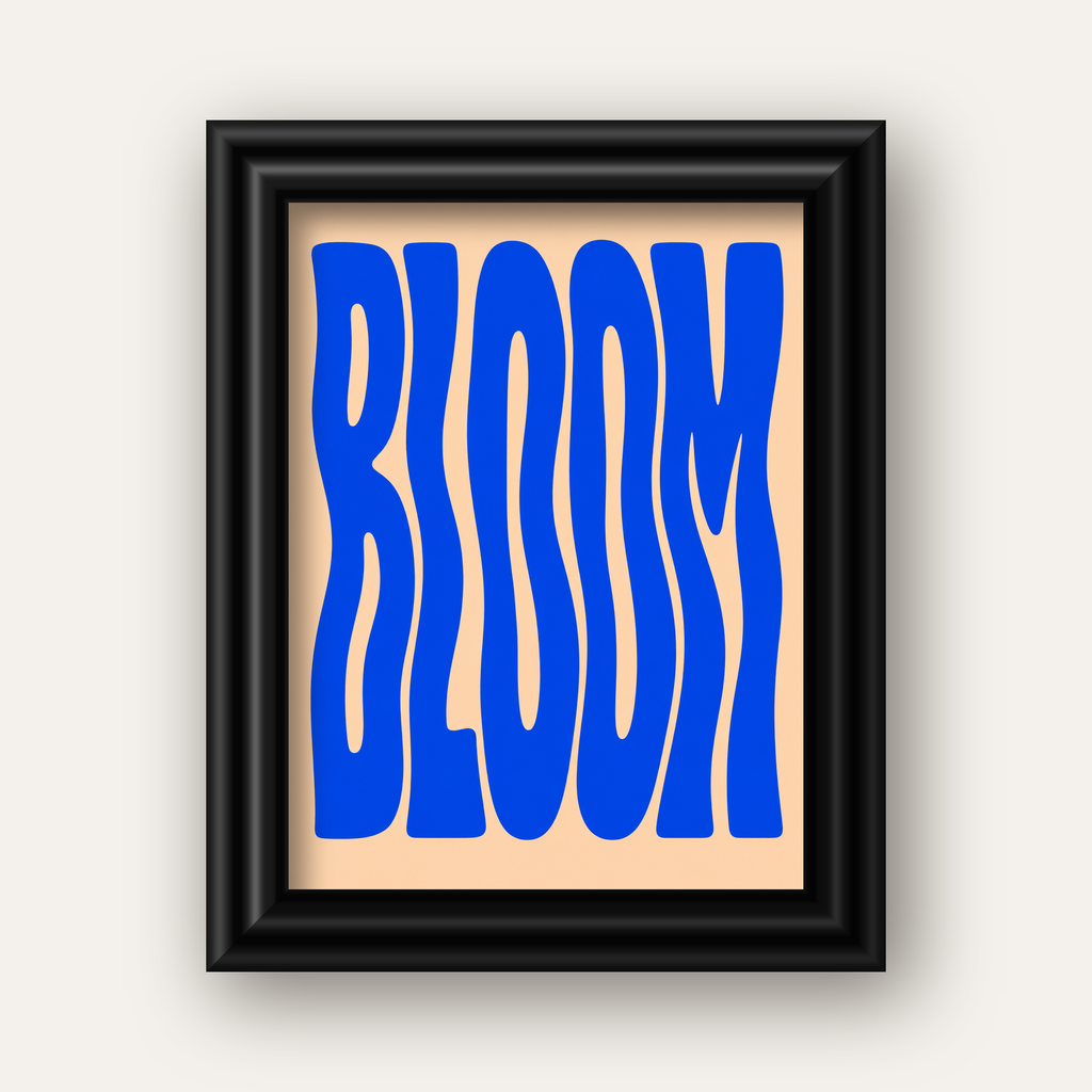 Dalgalı BLOOM Tipografi Poster – Modern Duvar Sanatı — siyah galeri çerçeveli