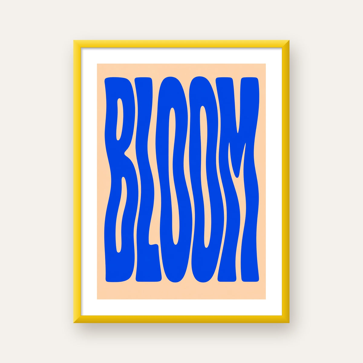 Dalgalı BLOOM Tipografi Poster – Modern Duvar Sanatı — sarı çerçeveli paspartulu