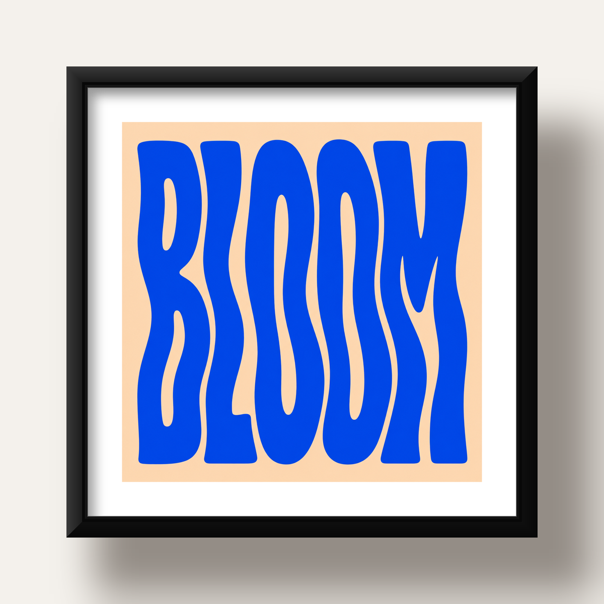 Dalgalı BLOOM Tipografi Poster – Modern Duvar Sanatı — siyah derin çerçeveli paspartulu