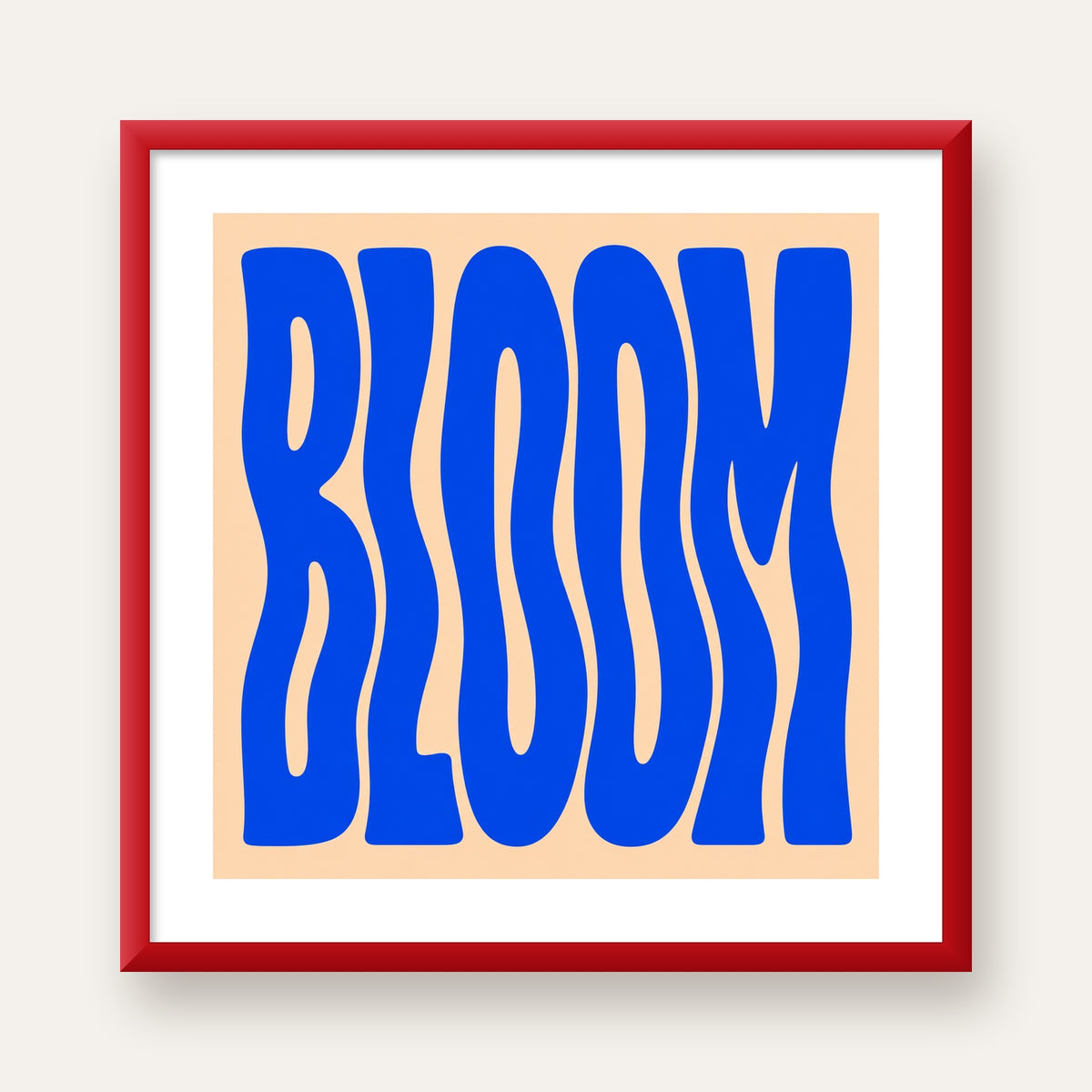 Dalgalı BLOOM Tipografi Poster – Modern Duvar Sanatı — kırmızı çerçeveli paspartulu