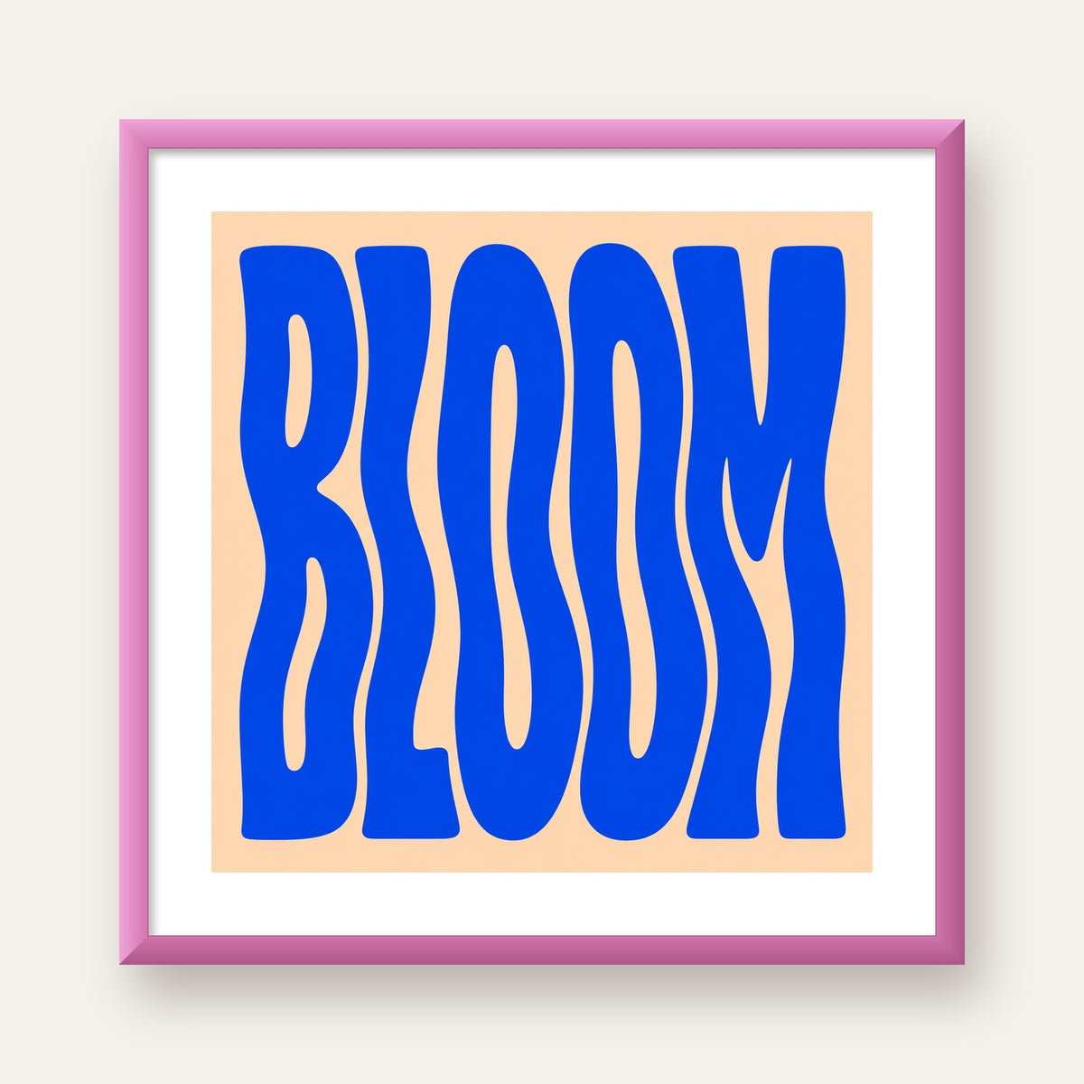 Dalgalı BLOOM Tipografi Poster – Modern Duvar Sanatı — pembe çerçeveli paspartulu