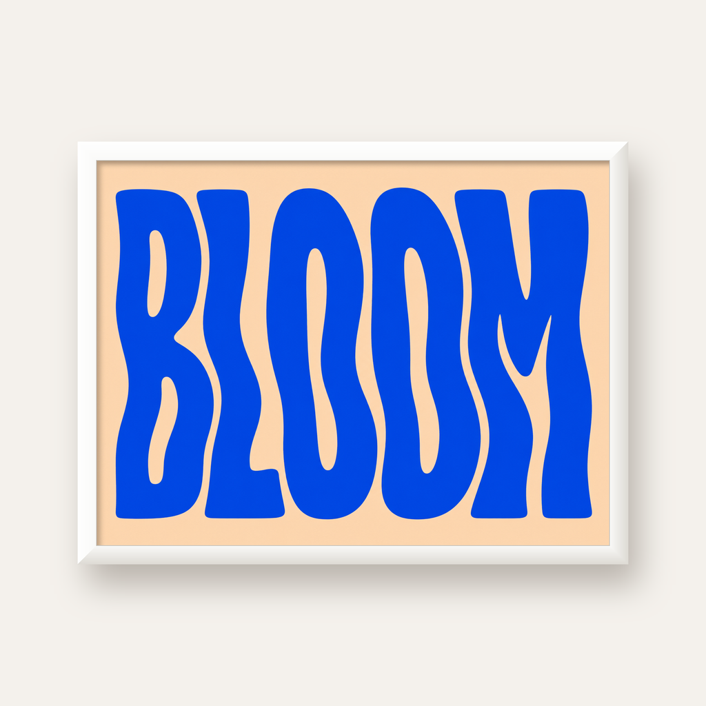 Dalgalı BLOOM Tipografi Poster – Modern Duvar Sanatı — beyaz çerçeveli yatay poster