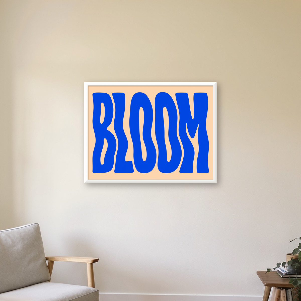 Dalgalı BLOOM Tipografi Poster – Modern Duvar Sanatı — beyaz çerçeveli yatay poster