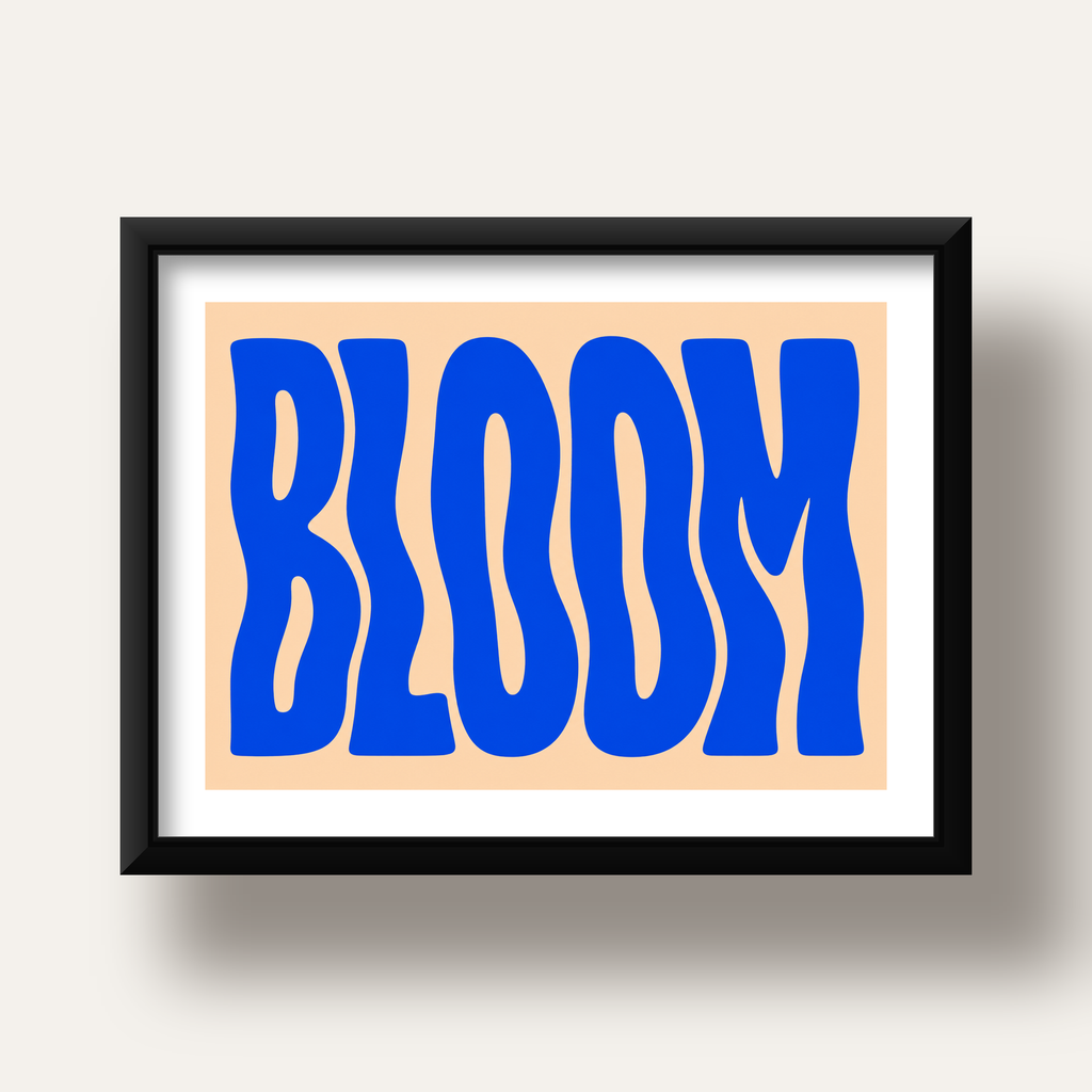 Dalgalı BLOOM Tipografi Poster – Modern Duvar Sanatı — siyah derin çerçeveli paspartulu