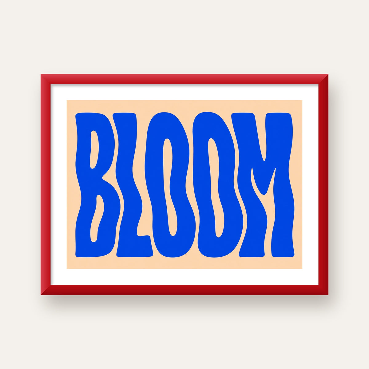 Dalgalı BLOOM Tipografi Poster – Modern Duvar Sanatı — kırmızı çerçeveli paspartulu