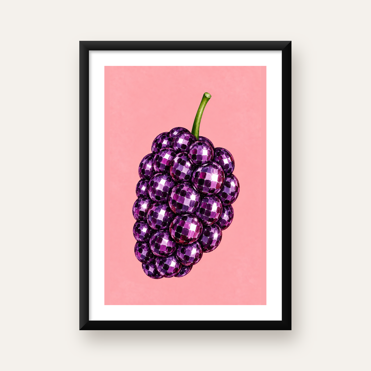 Disco Toplu Böğürtlen Poster – Pembe Zeminde Pop Art Duvar Dekoru — Dikey baskı, beyaz paspartulu