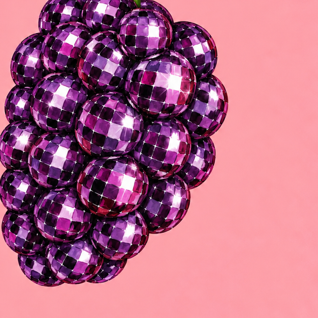 Disco Toplu Böğürtlen Poster – Pembe Zeminde Pop Art Duvar Dekoru — baskının yakın çekimi, kâğıt dokusu ve renk detayı
