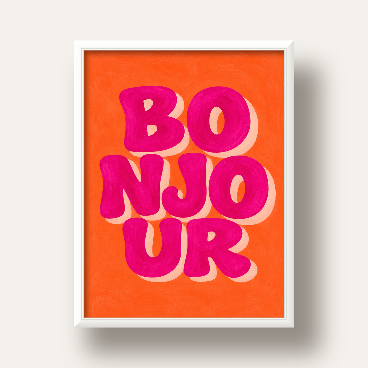 Bonjour Tipografik Renkli Poster – Pembe Turuncu Modern Dekor — beyaz derin çerçeveli