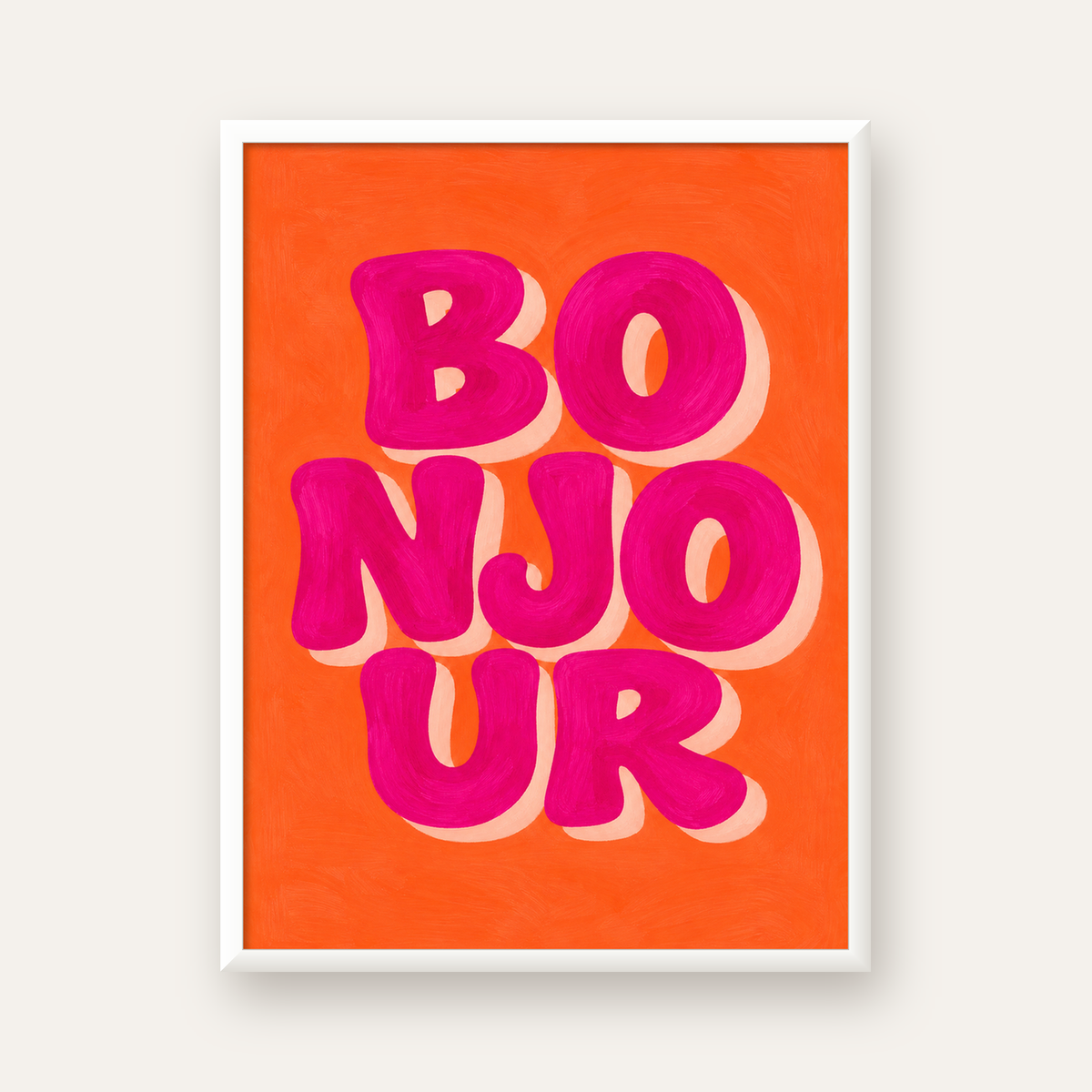 Bonjour Tipografik Renkli Poster – Pembe Turuncu Modern Dekor — beyaz çerçeveli dikey poster