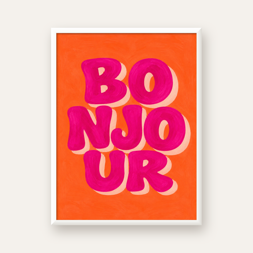 Bonjour Tipografik Renkli Poster – Pembe Turuncu Modern Dekor — beyaz çerçeveli dikey poster