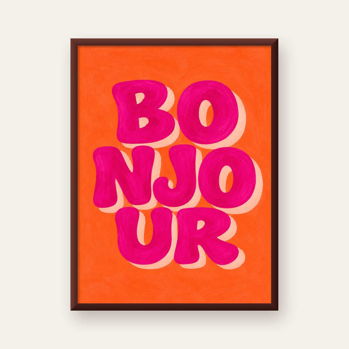 Bonjour Yazılı Renkli Tipografik Poster – Eğlenceli Duvar Dekoru — ceviz çerçeveli