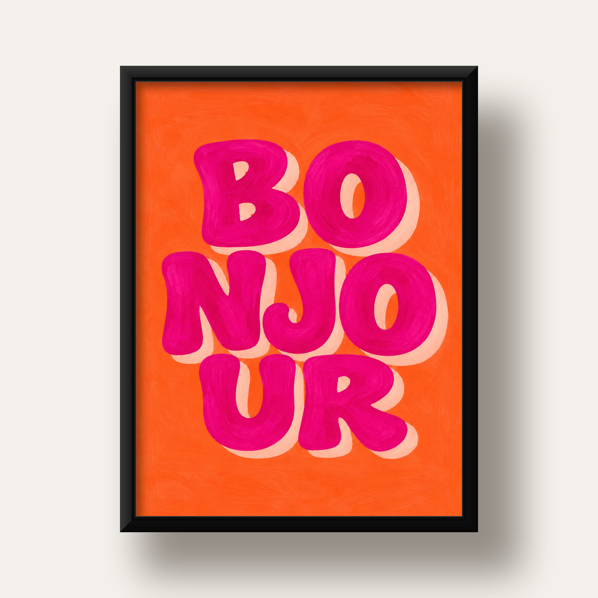 Bonjour Tipografik Renkli Poster – Pembe Turuncu Modern Dekor — siyah derin çerçeveli