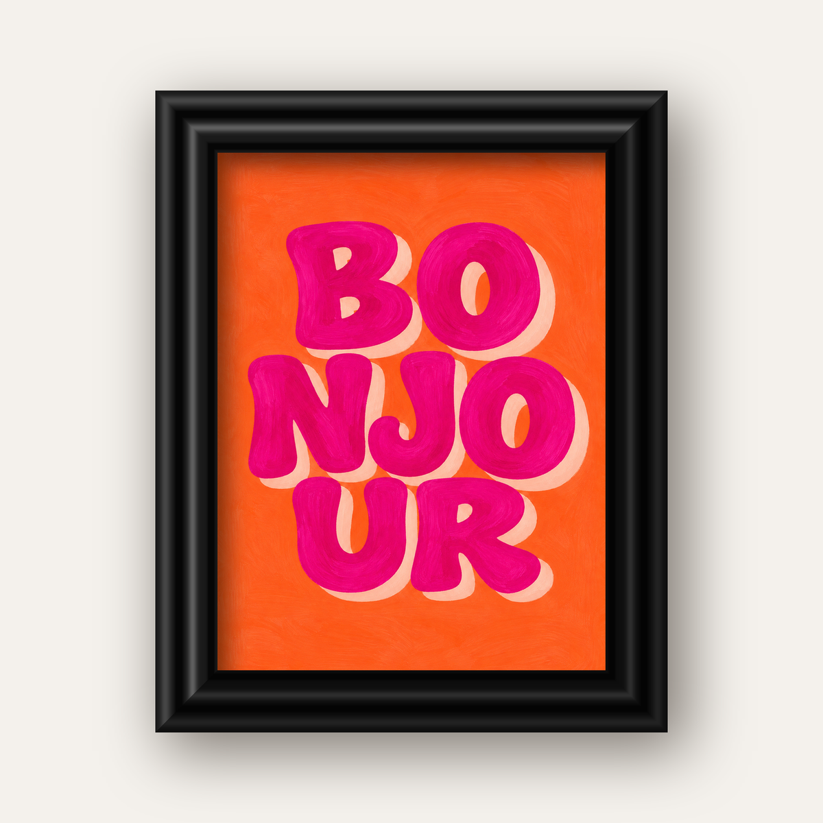 Bonjour Yazılı Renkli Tipografik Poster – Eğlenceli Duvar Dekoru — siyah galeri çerçeveli