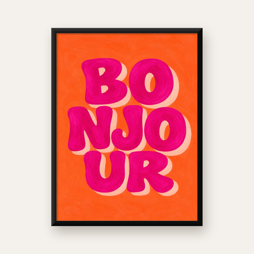 Bonjour Tipografik Renkli Poster – Pembe Turuncu Modern Dekor — Dikey baskı, düz siyah çerçeveli duvar posteri
