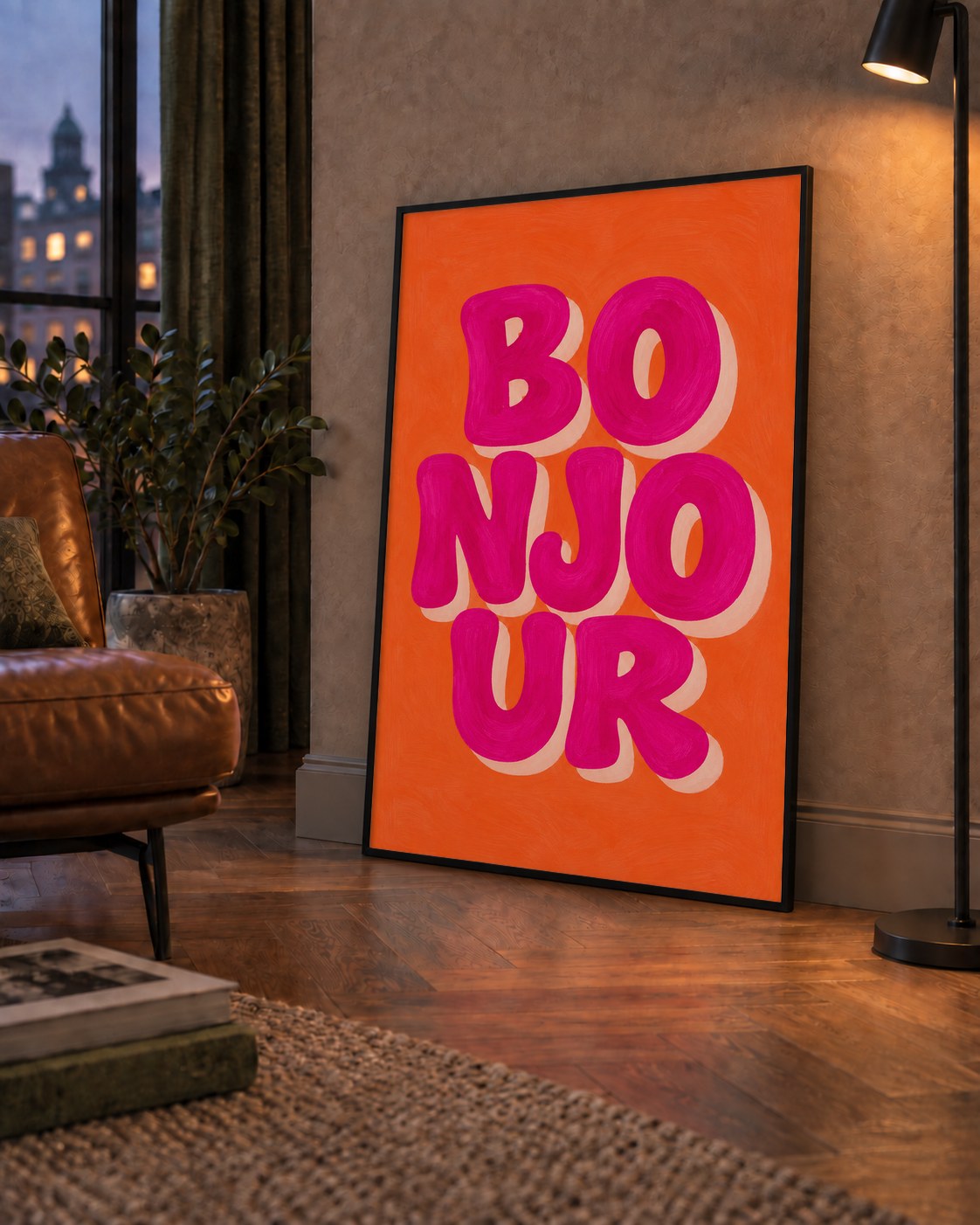 Bonjour Yazılı Renkli Tipografik Poster – Eğlenceli Duvar Dekoru — çerçeveli hâliyle bir ev duvarında