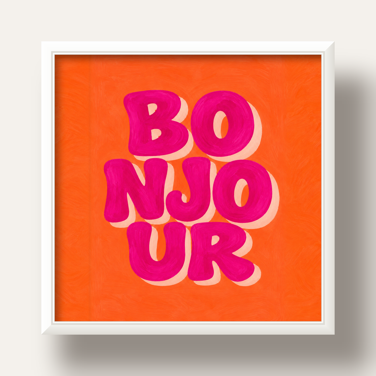 Bonjour Tipografik Renkli Poster – Pembe Turuncu Modern Dekor — beyaz derin çerçeveli