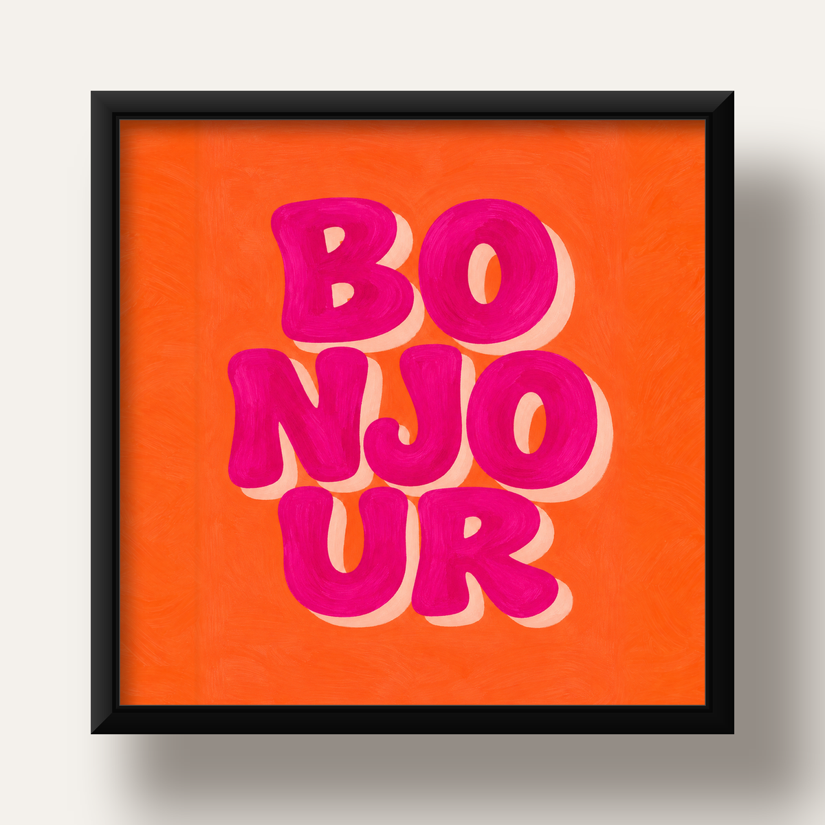 Bonjour Tipografik Renkli Poster – Pembe Turuncu Modern Dekor — siyah derin çerçeveli