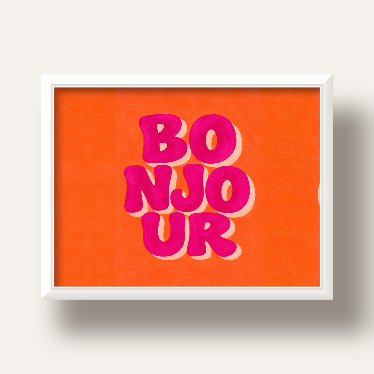 Bonjour Tipografik Renkli Poster – Pembe Turuncu Modern Dekor — beyaz derin çerçeveli