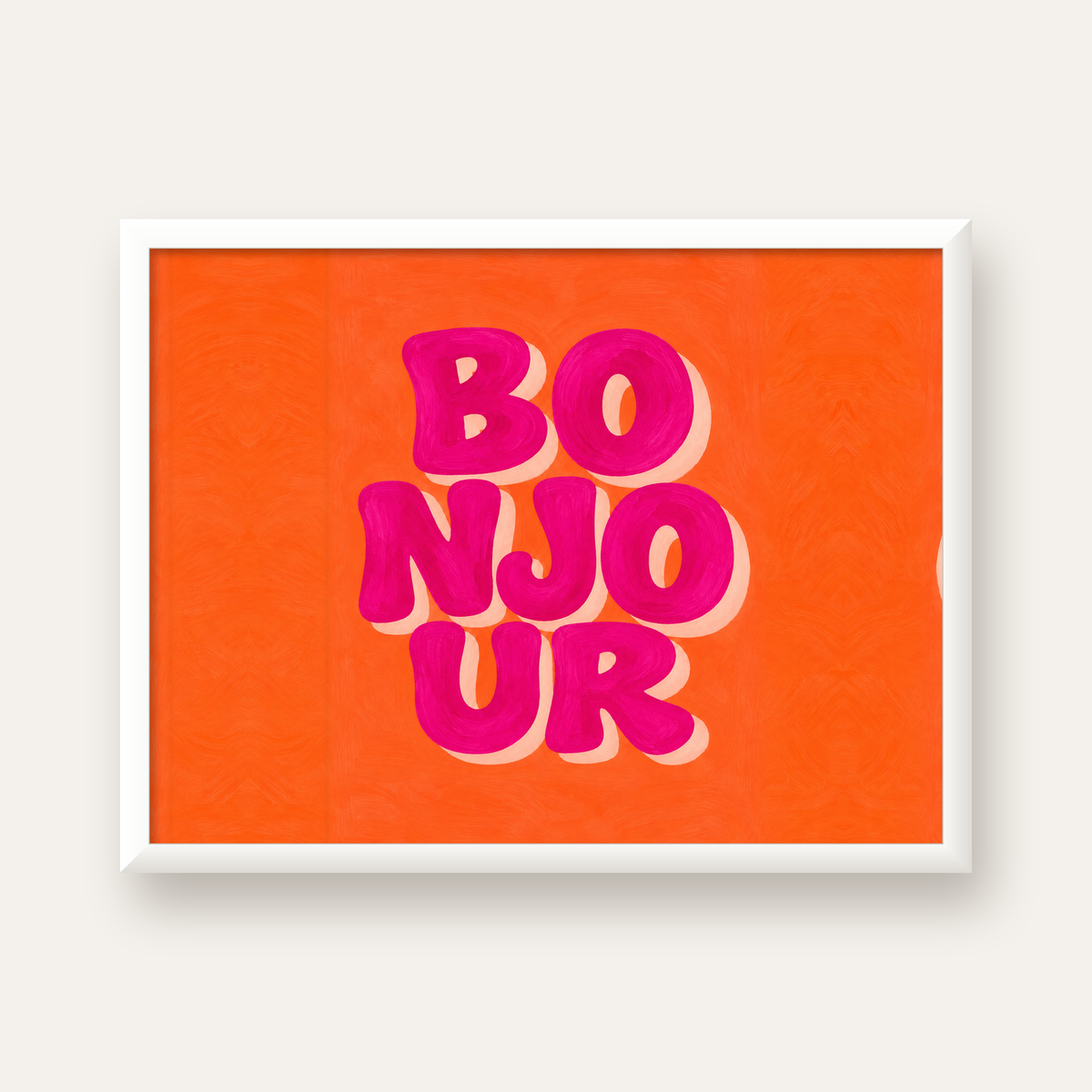 Bonjour Tipografik Renkli Poster – Pembe Turuncu Modern Dekor — beyaz çerçeveli yatay poster
