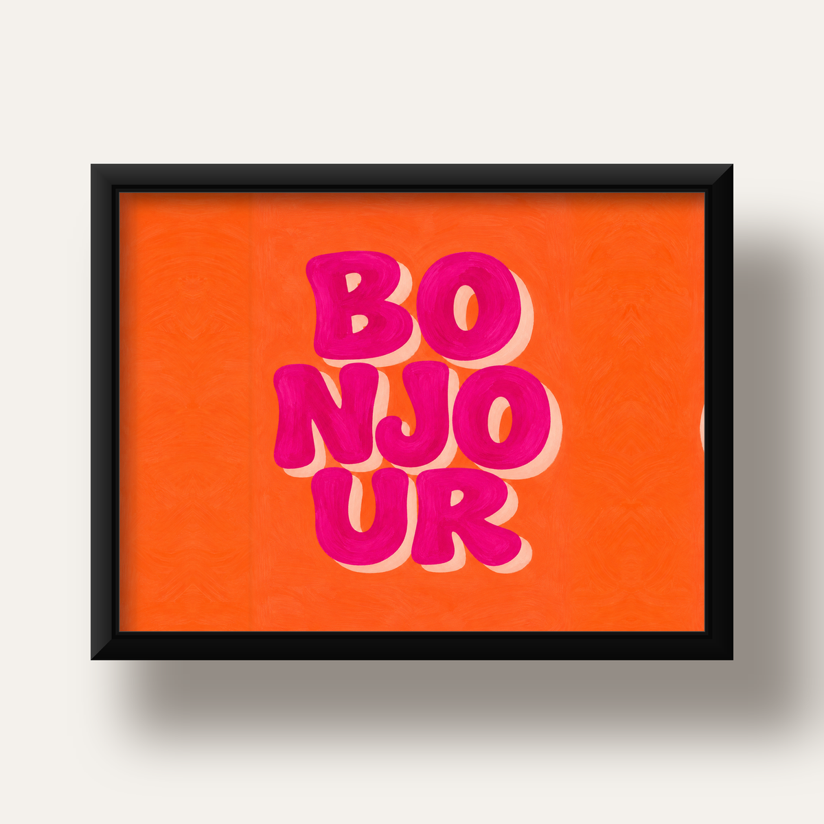 Bonjour Tipografik Renkli Poster – Pembe Turuncu Modern Dekor — siyah derin çerçeveli