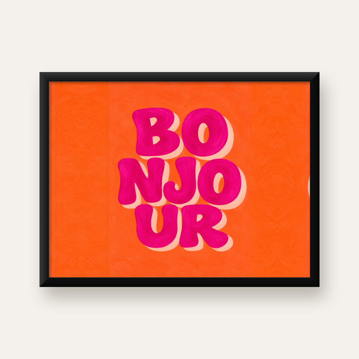 Bonjour Tipografik Renkli Poster – Pembe Turuncu Modern Dekor — Yatay baskı, düz siyah çerçeveli duvar posteri