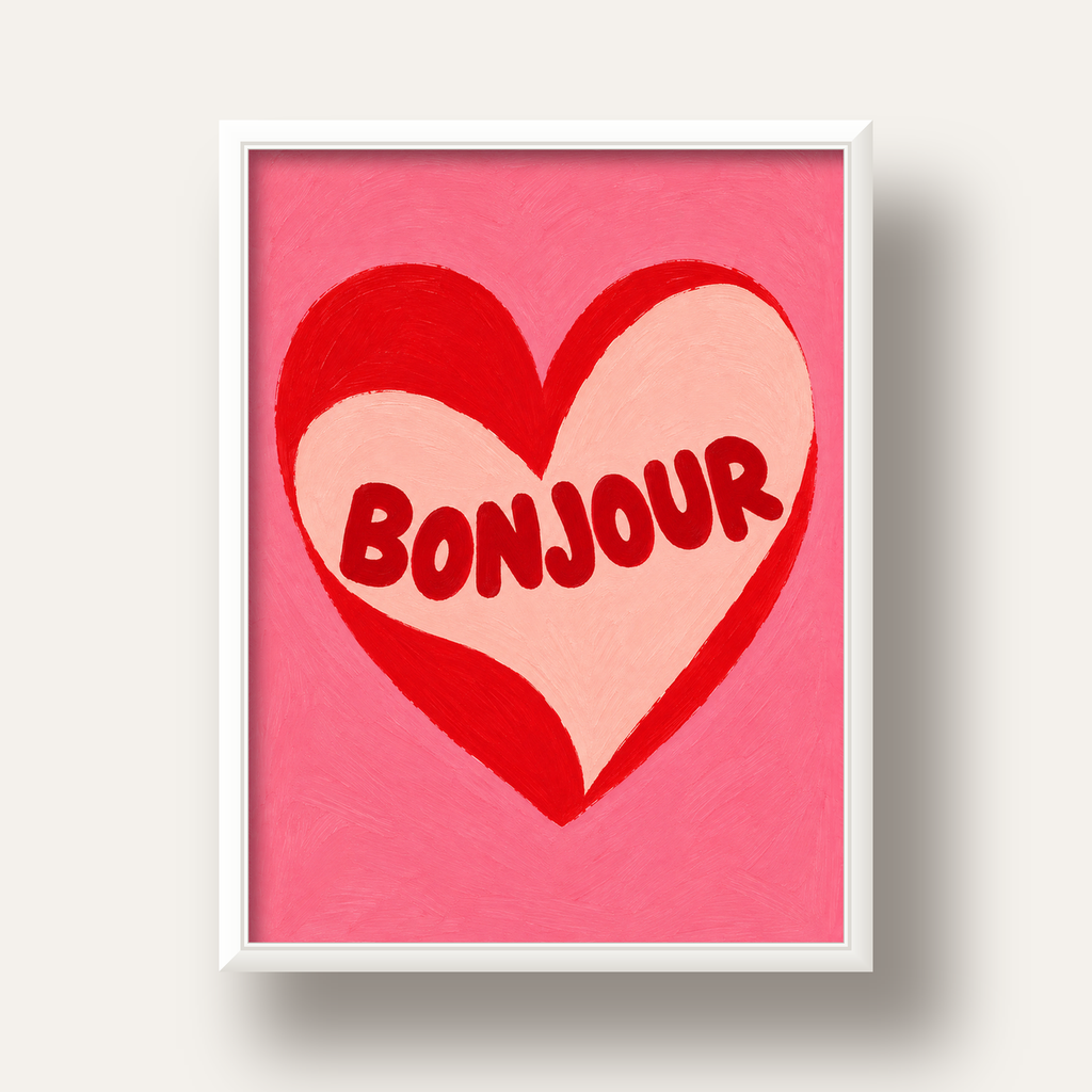 Kalpli Bonjour Yazılı El Boyaması Sanat Poster Baskısı — beyaz derin çerçeveli
