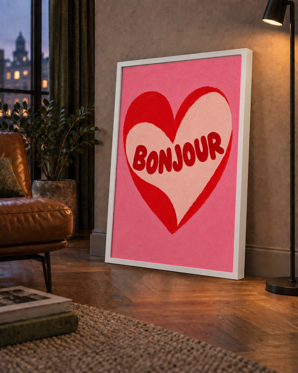 Kalpli Bonjour Yazılı El Boyaması Sanat Poster Baskısı — çerçeveli hâliyle bir ev duvarında