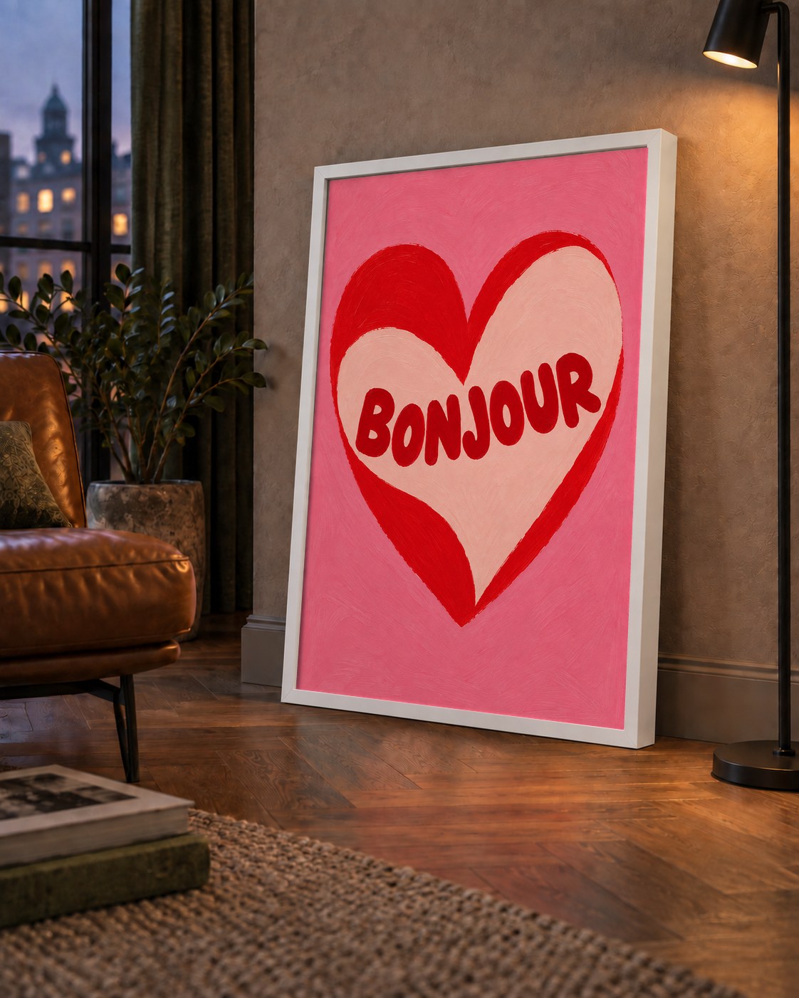 Kalpli Bonjour Yazılı El Boyaması Sanat Poster Baskısı — çerçeveli hâliyle bir ev duvarında