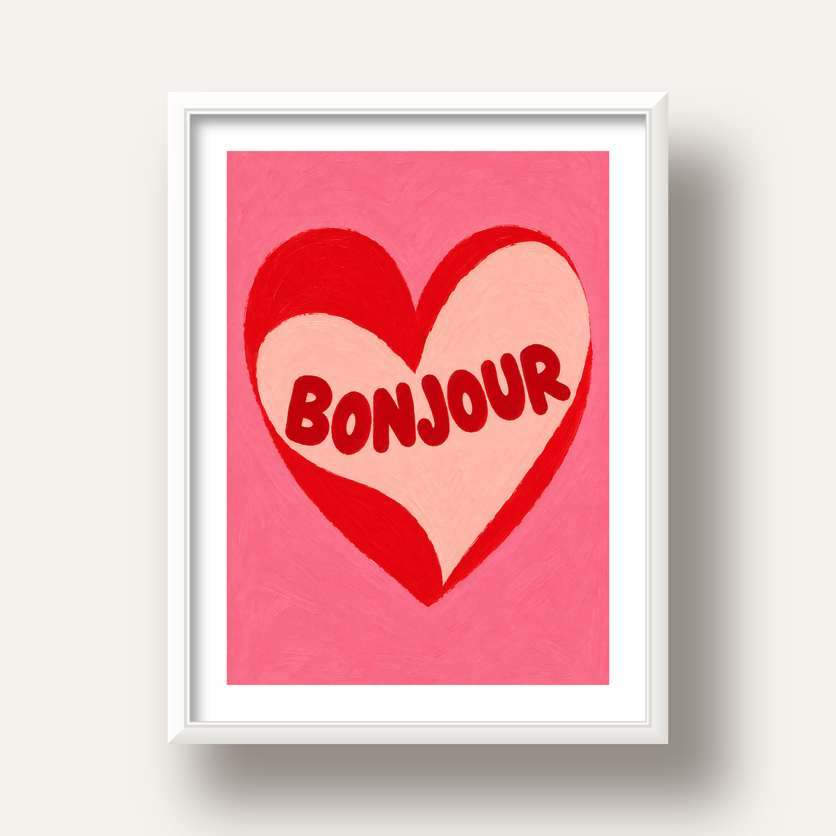 Kalpli Bonjour Yazılı El Boyaması Sanat Poster Baskısı — beyaz derin çerçeveli paspartulu