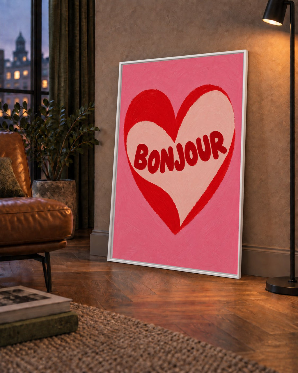 Kalpli Bonjour Yazılı El Boyaması Sanat Poster Baskısı — çerçeveli hâliyle bir ev duvarında
