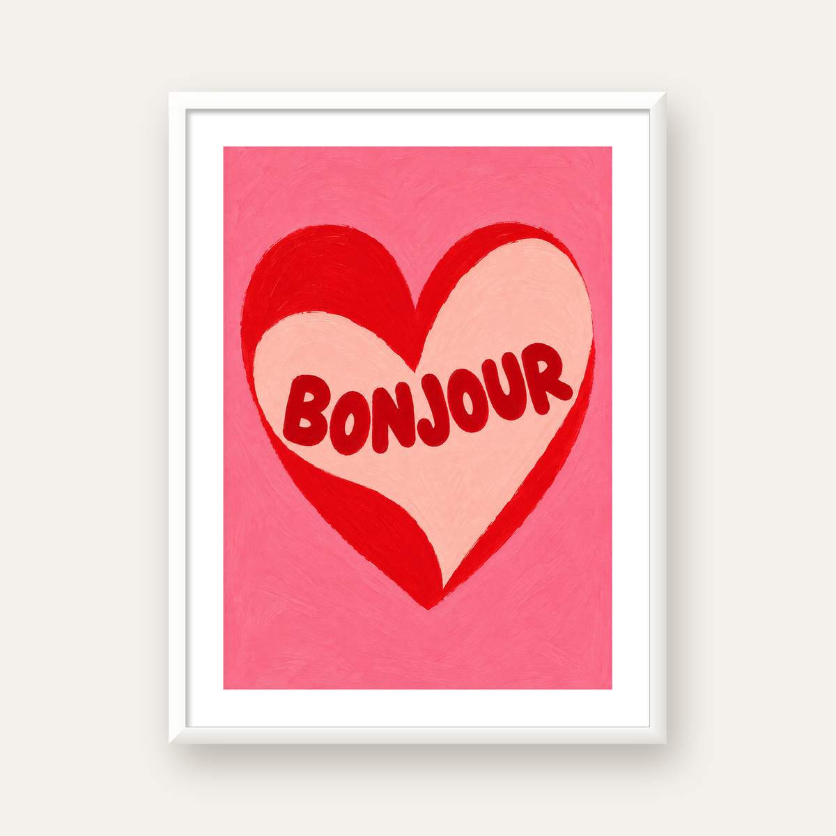 Kalpli Bonjour Yazılı El Boyaması Sanat Poster Baskısı — beyaz çerçeveli dikey poster