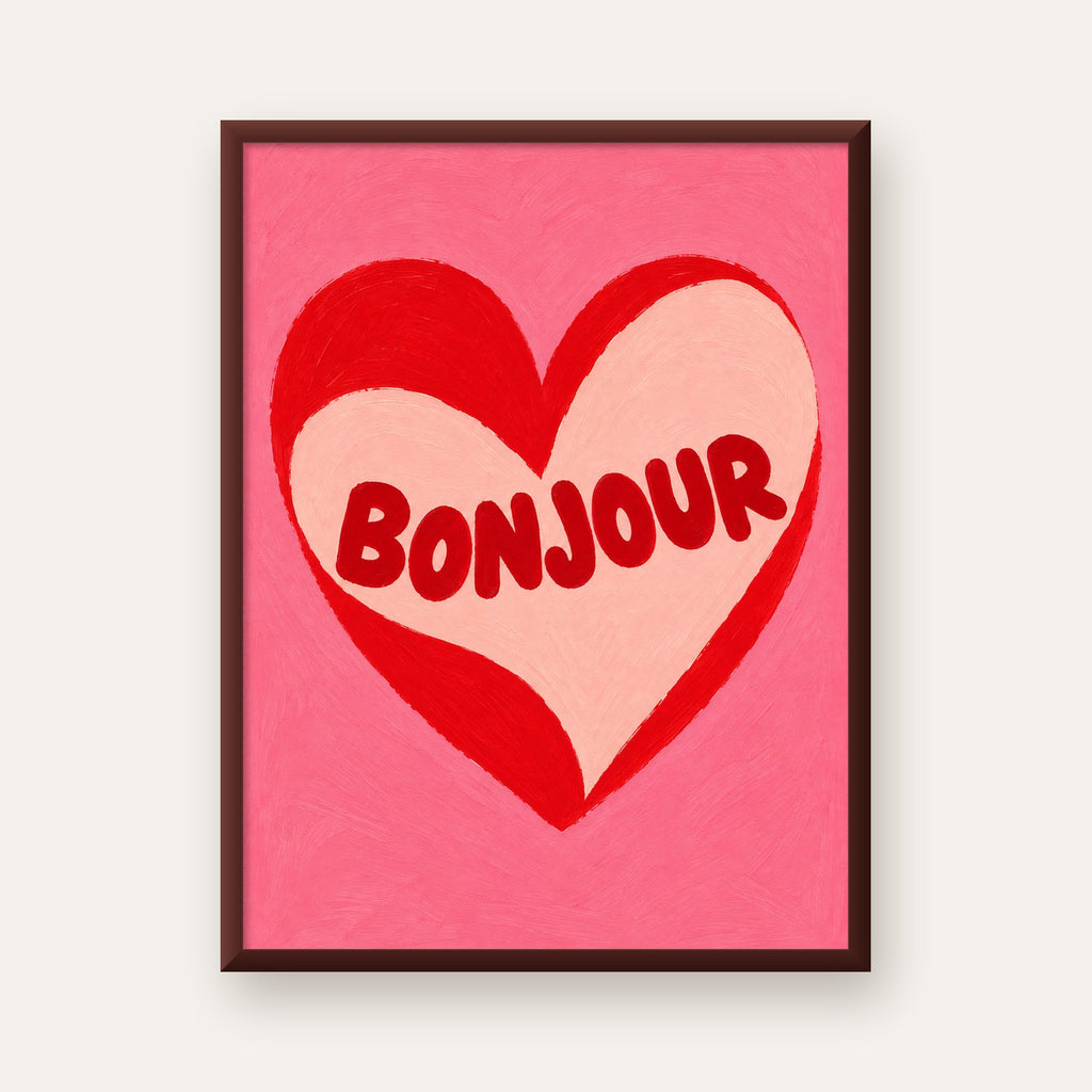 Kalpli Bonjour Yazılı El Boyaması Sanat Poster Baskısı — ceviz çerçeveli