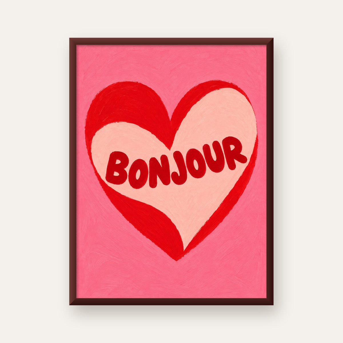 Kalpli Bonjour Yazılı El Boyaması Sanat Poster Baskısı — ceviz çerçeveli