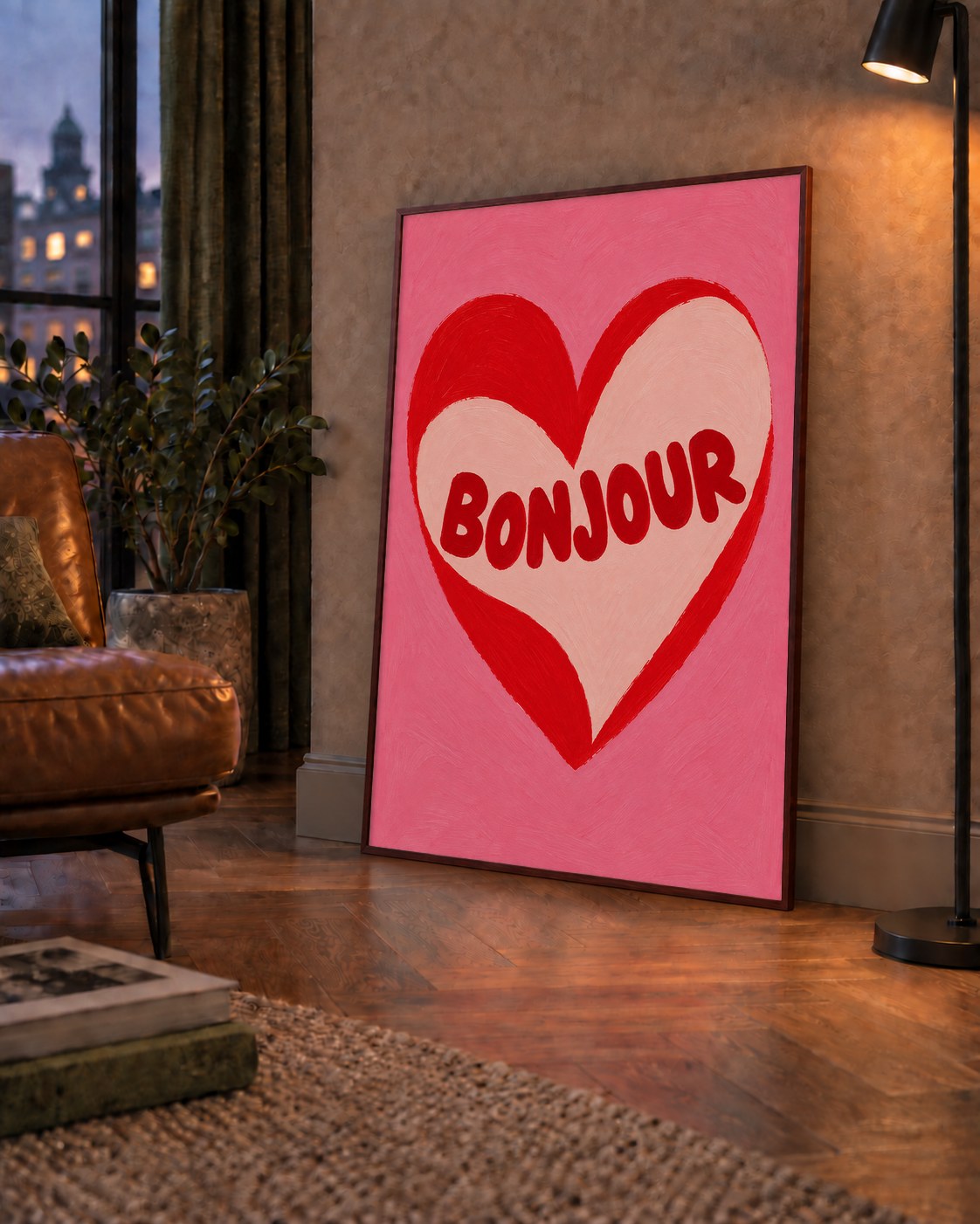 Kalpli Bonjour Yazılı El Boyaması Sanat Poster Baskısı — çerçeveli hâliyle bir ev duvarında